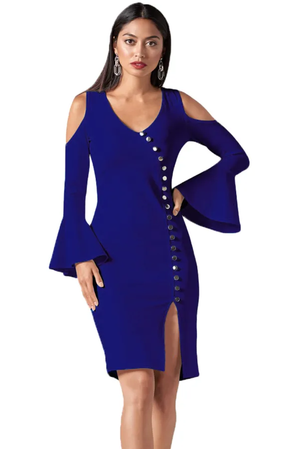 Blue Cold Shoulder Button Detail Slit Midi Dress