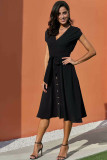 Chic V Neckline Buttons Design Black Midi Dress