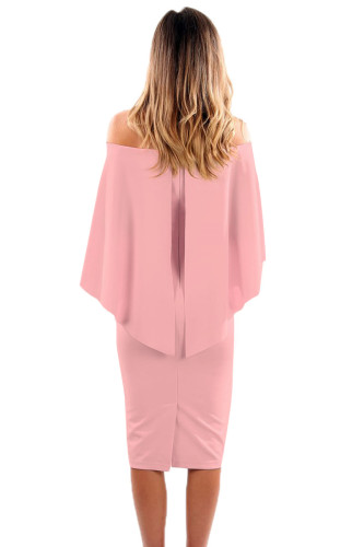 Pink Luxurious Off Shoulder Batwing Cape Midi Poncho Dress