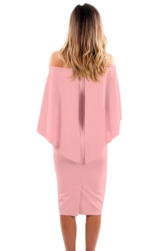 Pink Luxurious Off Shoulder Batwing Cape Midi Poncho Dress