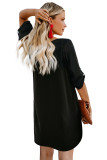 Black V Neck Button Front Roll up Tab Sleeve Dress