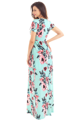 Pocket Design Short Sleeve Mint Floral Maxi Dress