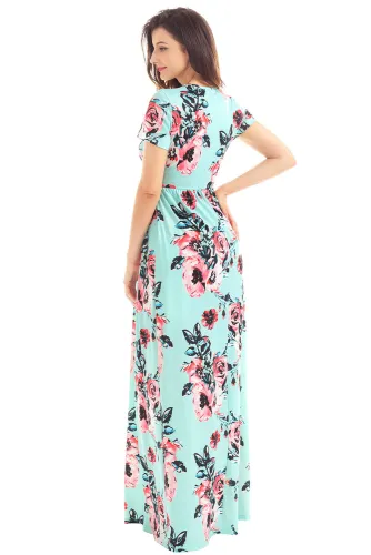 Pocket Design Short Sleeve Mint Floral Maxi Dress