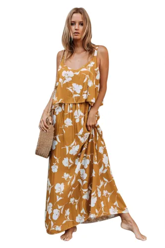 Chic Summer Boho Floral Maxi Dress in Mustard