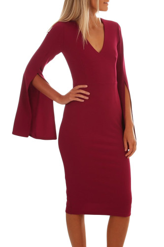 Burgundy Split Bell Sleeves V Neck Bodycon Midi Dress