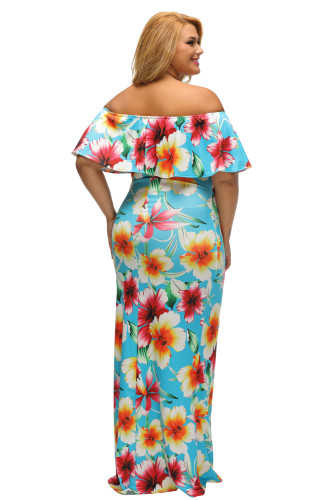 Turquoise Roses Print Off-the-shoulder Maxi Dress