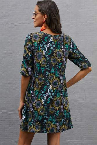 Black V Neck 3/4 Roll Sleeve Buttoned Floral Dress
