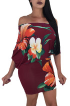 Batwing Sleeve Skew Neck Burgundy Floral Bodycon Dress