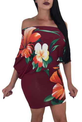 Batwing Sleeve Skew Neck Burgundy Floral Bodycon Dress