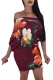Batwing Sleeve Skew Neck Burgundy Floral Bodycon Dress