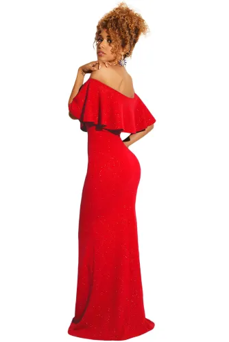 Red Ruffled Poncho Shiny Off Shoulder Party Gown