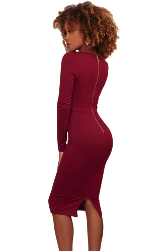 Burgundy Rhinestone Embellishment Bodycon Midi Dress