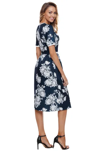 Blue Full-blown Floral Print Knee Length Dress