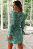 Green V Neck Floral Print Boho Ruffled Sleeve Dress