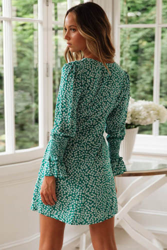 Green V Neck Floral Print Boho Ruffled Sleeve Dress