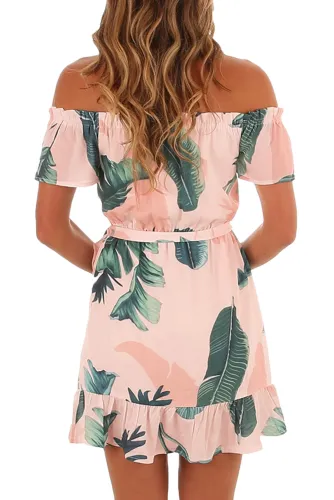 Tropical Leaf Print White Off Shoulder Summer Dress