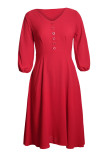 Red Button Front Balloon Sleeve Vintage Dress
