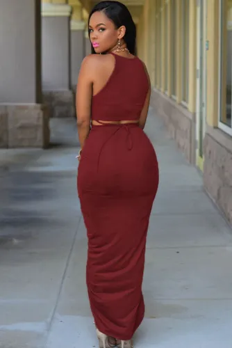 Date Red Cotton Two Piece Maxi Skirt Set