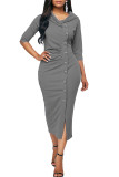 Gray Button Up Front Slit Sheath Midi Dress