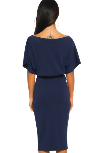 Blue Belted Wrap Front Midi Dress
