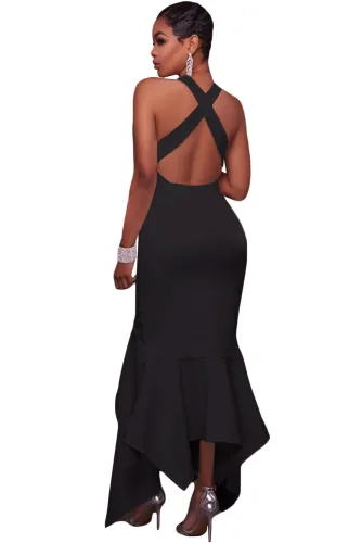 Black Cross Back Asymmetric Hemline Maxi Dress