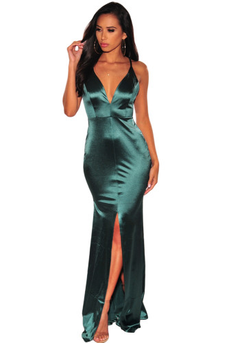 Emerald Green V Neck Crisscross Slit Mermaid Evening Dress
