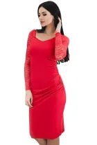 Red Black Lace Sleeve Embroidery Ruched Sheath Dress