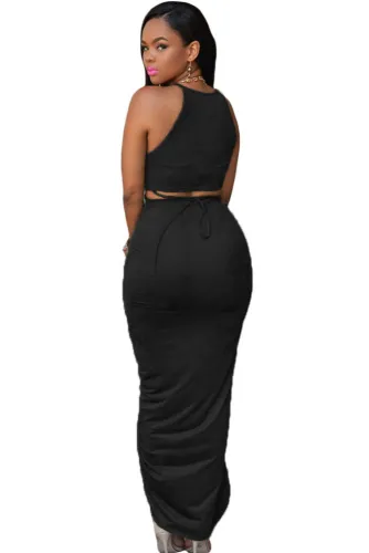 Black Cotton Two Piece Maxi Skirt Set
