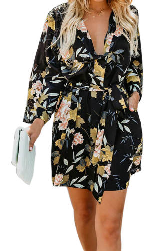 Black Casual V Neck 3/4 Sleeve Floral Dress