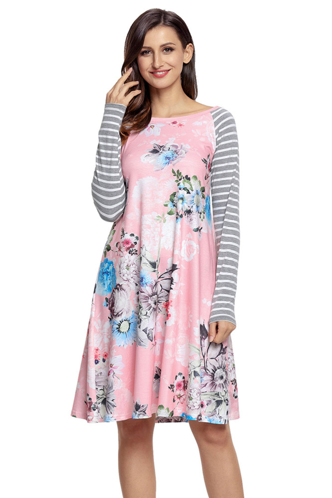 Pink Floral Print Stripe Raglan Sleeve Dress
