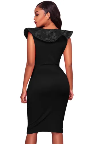 Black Ruffle V Neck Detail Midi Dress