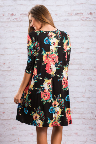 Black Floral Long Sleeve A-Line Tunic Dress