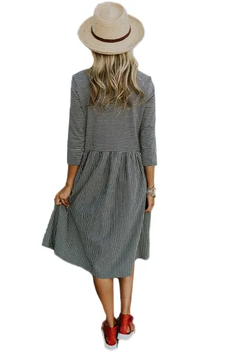 Black Pinstriped Casual Midi Shirt Dress