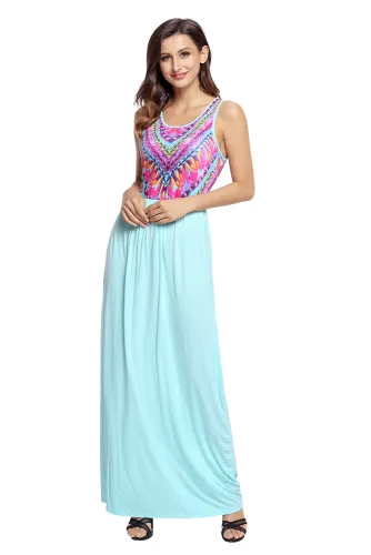 Stylish Tribal Print Sleeveless Mint Maxi Dress
