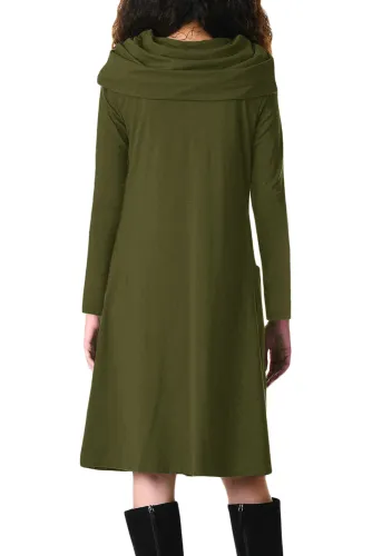 Olive Green Cowl Neck Long Sleeve Jersey Dress