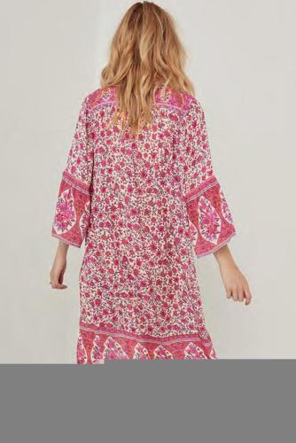 Pink Three-Quarter Sleeve Mid-Calf Print Dress