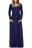 Navy Blue Button Front Pocket Style Casual Long Dress