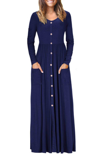 Navy Blue Button Front Pocket Style Casual Long Dress