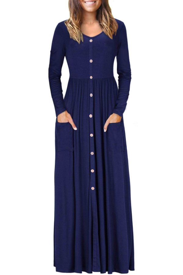 Navy Blue Button Front Pocket Style Casual Long Dress