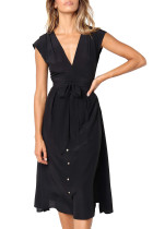 Chic V Neckline Buttons Design Black Midi Dress