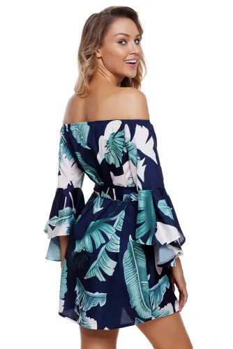 Tropical Leaf Print Navy Off Shoulder Dress