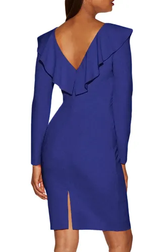 Royal Blue V Neck Long Sleeve Ruffle Dress