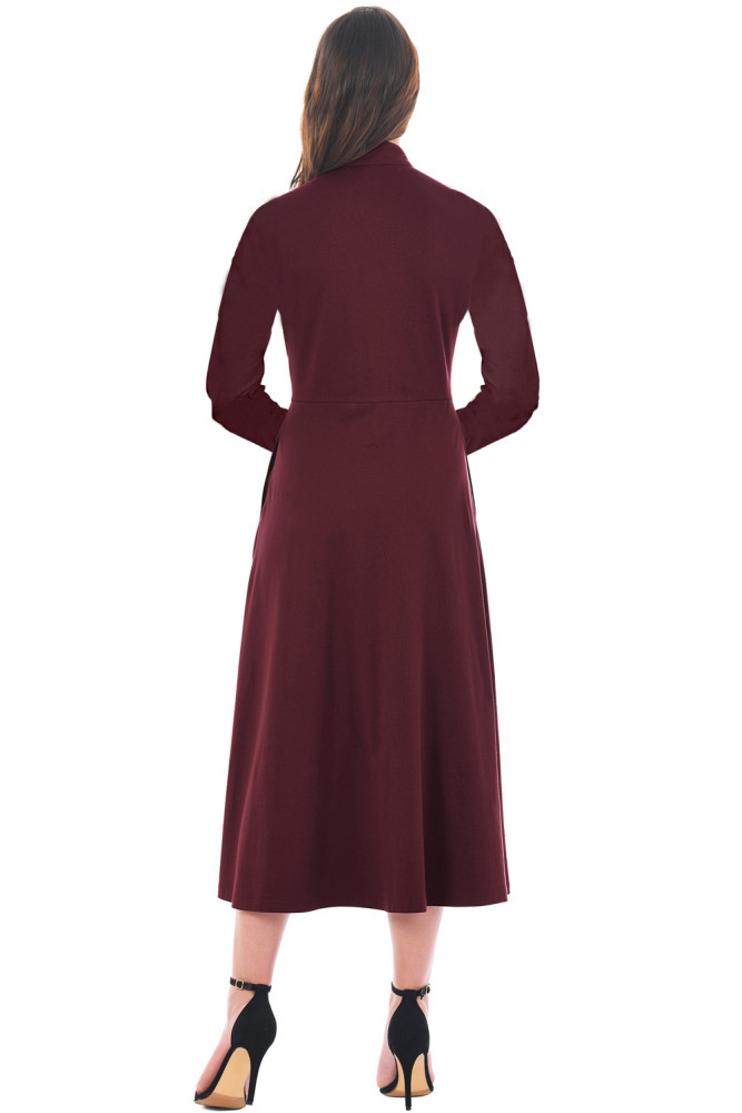 Purplish Red Side Button Mandarin Collar A-line Midi Dress