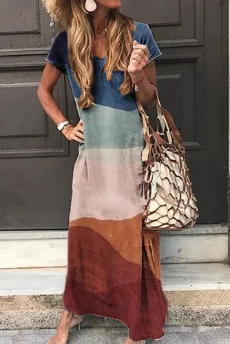 Multicolor Casual Boho V Neck Short Sleeve Maxi Dress
