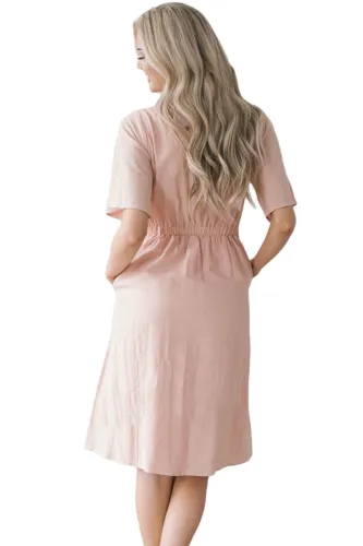 Pink Asymmetrical Button Up Front Midi Dress