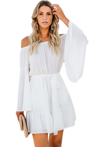 White Pocketed Off Shoulder Flare Dress