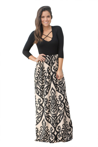 Black Taupe Printed Maxi Dress with Criss Cross Top