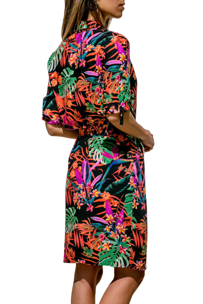 Tropical Leaf Print Button V Neck Shirt Dress