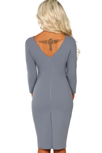 Gray 3/4 Sleeve Cross Over Bodycon Midi Dress