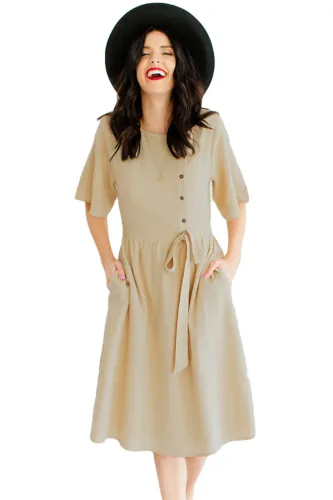 Apricot Asymmetrical Button Up Front Midi Dress